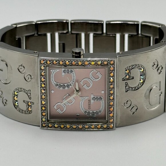 3/$30 Guess Watch Women Silver Tone Pink Dial Wide Bangle Band New Battery 6.5" - Picture 3 of 11